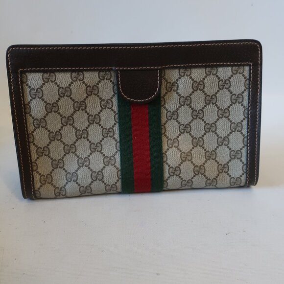Authentic Gucci Parfums Guccissima Taupe Brown Green Red Web Zip Clutch Handbag - Picture 1 of 16